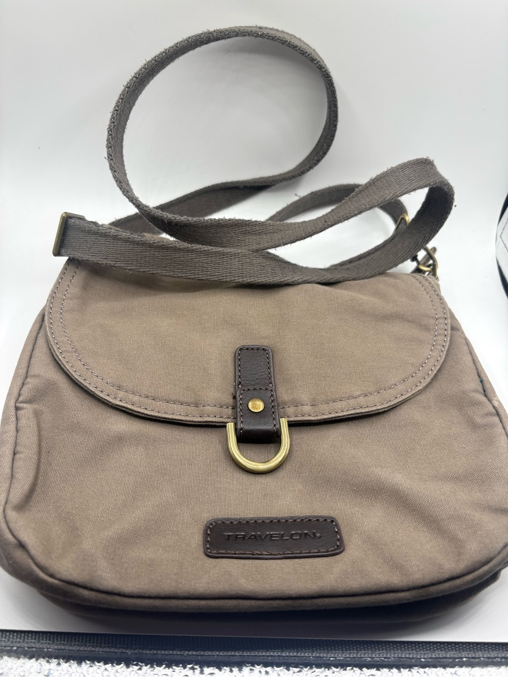 Travelon Taupe and Dark Brown Crossbody Bag with Brass D-Ring